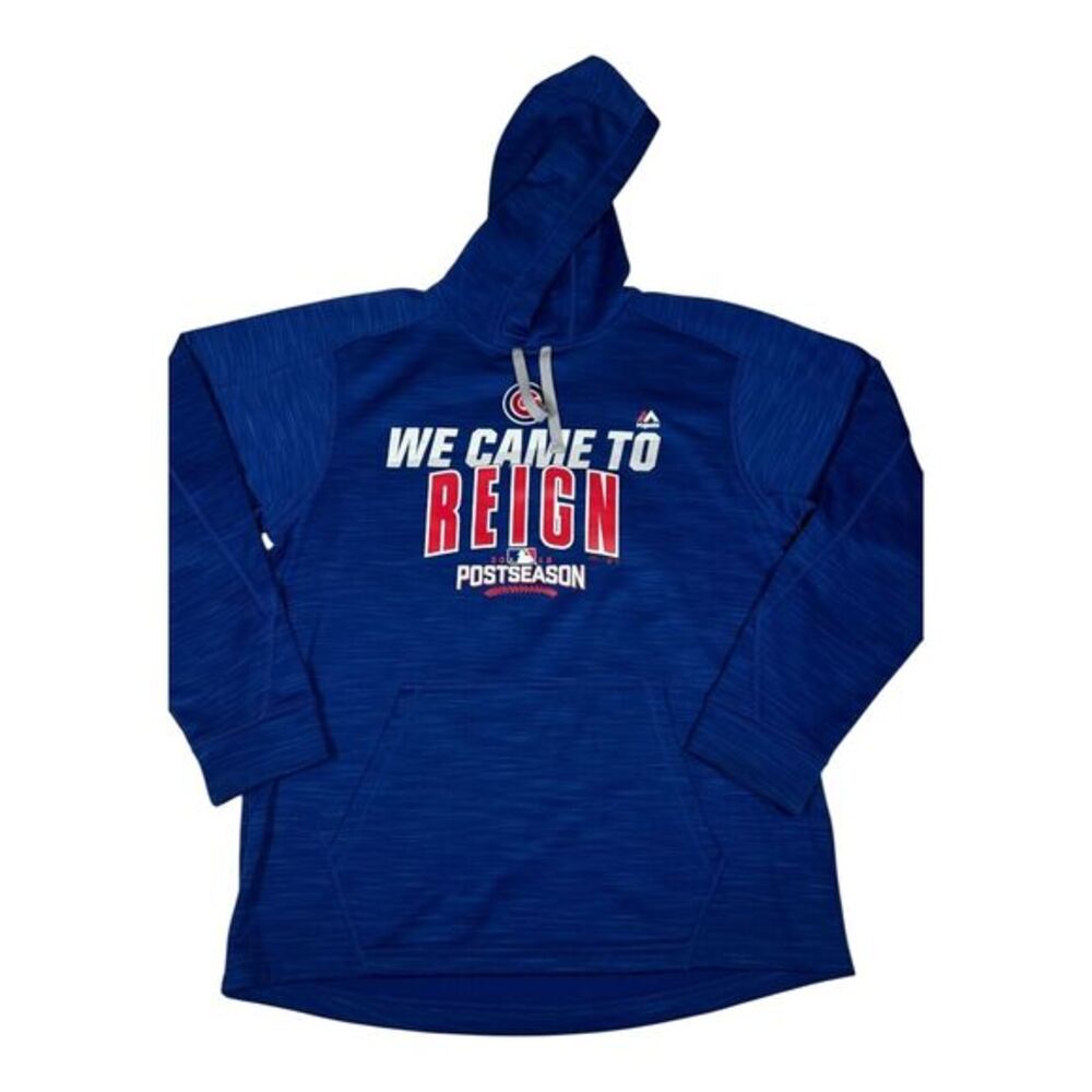 Majestic MLB Chicago Cubs Hoodie Mens M Blue Good 2016 Postseason Sweatshirt